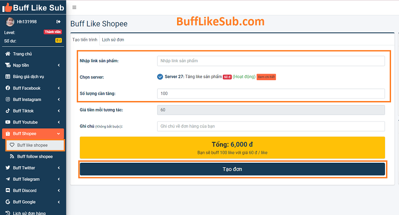 Dịch vụ buff like shopee