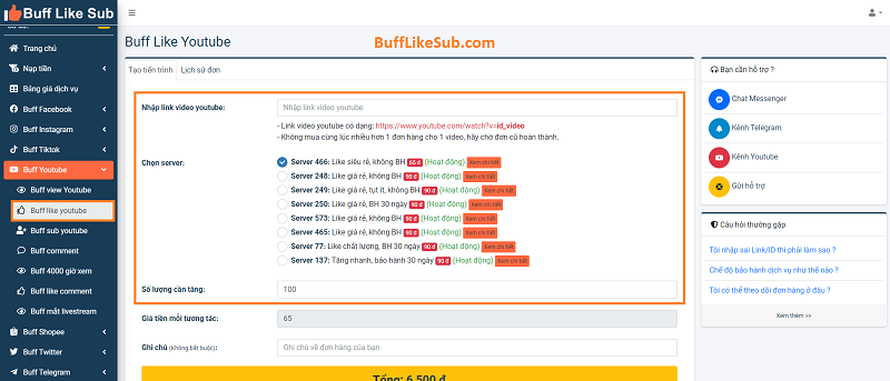 Tạo đơn buff Like Youtube