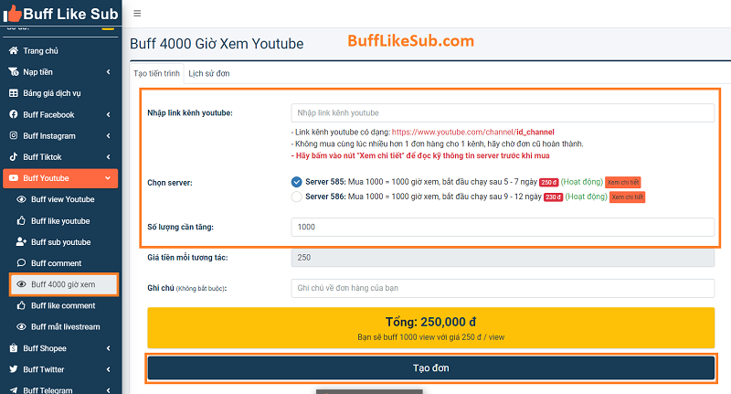 Dịch vụ buff 4000 giờ xem Youtube
