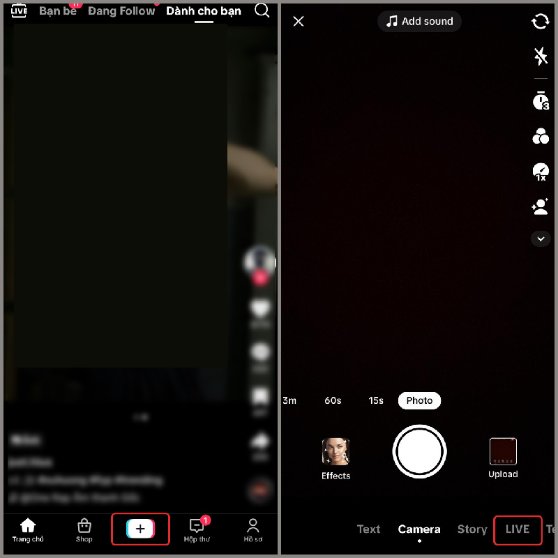 Vào dấu cộng trên tiktok chọn live
