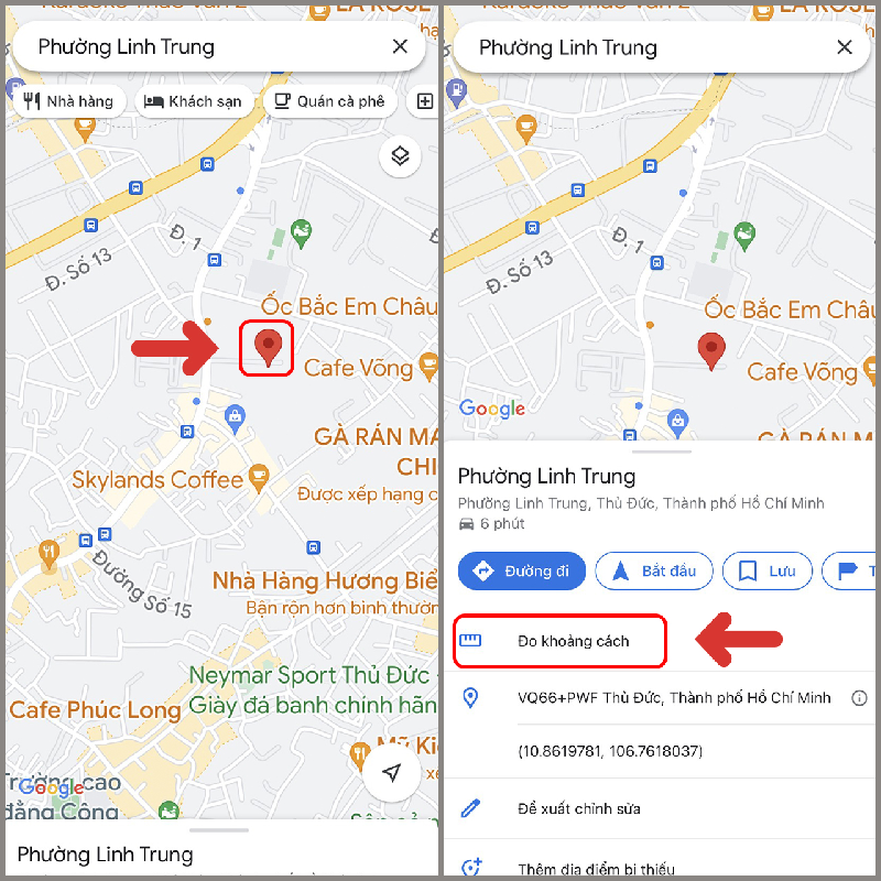 Chọn địa điểm và chọn đo khoảng cách 